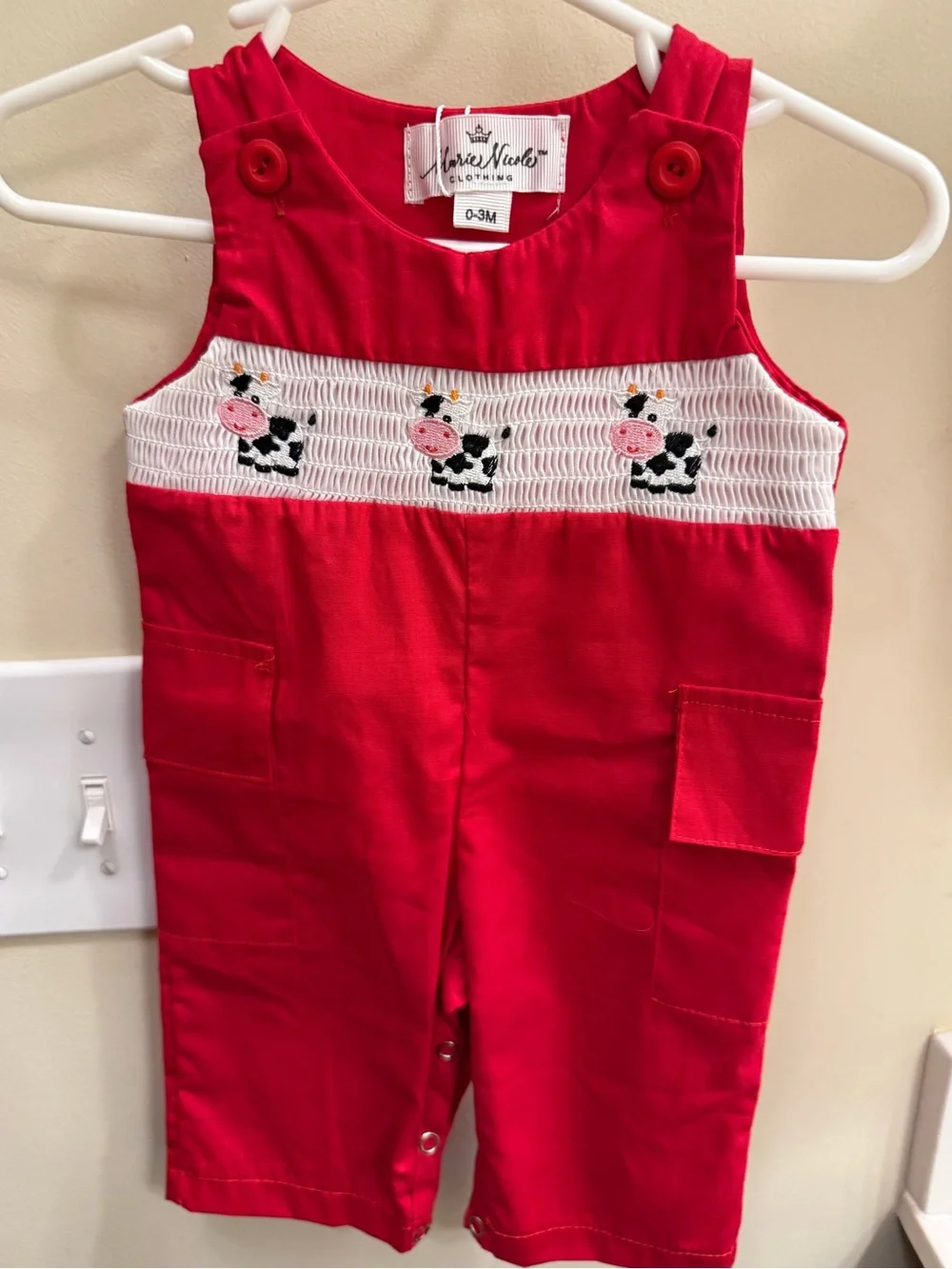Marie Nicole Red Smocked Cow Applique Baby Romper 0-3 months